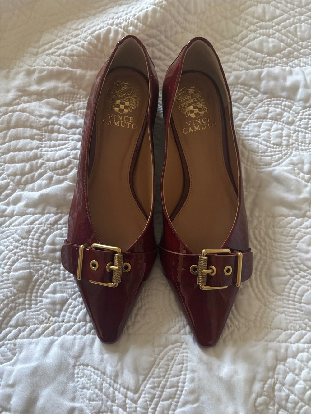 Vince Camuto Burgundy Patent Pointed Flats with Gold Buckle